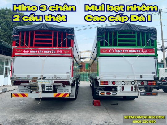 Xe tải Hino 3 chân 2 cầu thật thùng mui bạt nhôm thiết kế đà I thùng dài 9m4