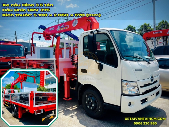 Xe cẩu Hino 3.5 tấn gắn cẩu Unic 375 có rổ nâng người - Xe cẩu Hino 3.5 tấn gắn cẩu Unic 3 tấn 5 khúc (chân tú vuông)